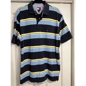 Tommy Hilfiger Men's Polo Blue Yellow‎ Stripe Sz Large Vintage 90s Preppy